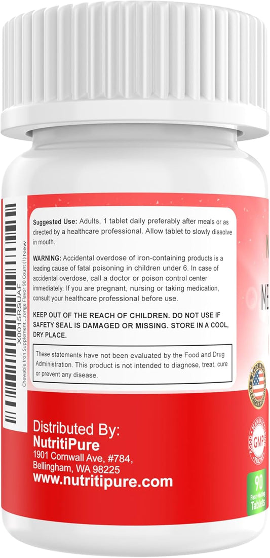 Chewable Iron Supplement For Women/Men | Carbonyl Iron 18 Mg With Vitamin C 30 Mg | Tablet In Orange Flavor 90 Count (2)