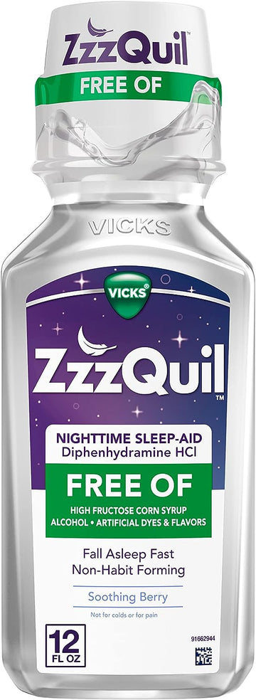 ZzzQuil, Nighttime Sleep Aid Liquid, FREE OF Alcohol & Artificial Dyes, 50 mg Diphenhydramine HCl, No1 Sleep Aid Brand, Fall Asleep Fast, Non-Habit Forming, Soothing Berry Flavor, 12 FL OZ (Pack of 1)