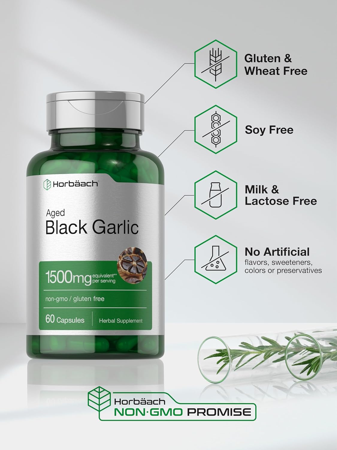 Horbäach Aged Black Garlic Capsules 1500mg | 60 Count | Fermented Extract Supplement | Non-GMO, Gluten Free : Health & Household