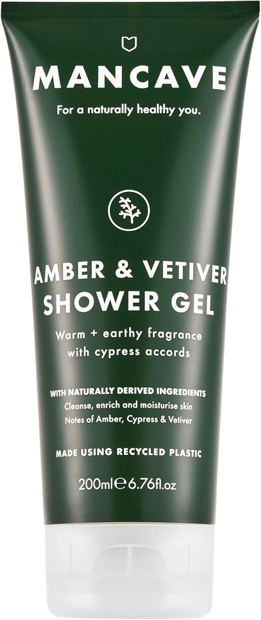 ManCave Amber Vetiver Mens Shower Gel, Body Wash, Natural Ingredients, Vegan, Eco-Conscious and Cruelty-Free, Invigorating Shower Gel for Men with Rich Amber, Fresh Cypress, Body Wash for Men, 200ml : Amazon.co.uk: Beauty