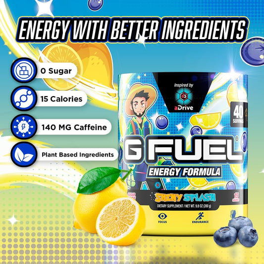 G Fuel Adrive Energy Powder, Sugar Free, Clean Caffeine Focus Supplement, Water Mix, Blueberry & Lemonade Flavor, Focus Amino, Vitamin + Antioxidants Blend, Adrive - 9.8 Oz (40 Servings)