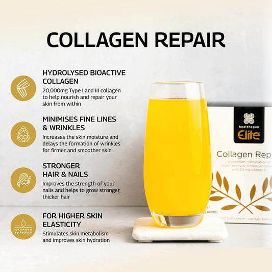 Healthspan Elite Collagen Reapir Collagen (10 X Sachets) | Orange Flavoured Drink | For Skin Elasticity & Hydration | Reduction Of Fine Lines & Wrinkles | Joint Support & Cartilage Formation