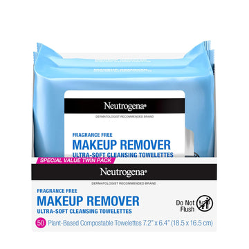 Neutrogena Cleansing Fragrance Free Makeup Remover Face Wipes, Cleansing Facial Towelettes for Waterproof Makeup, Alcohol-Free, Unscented, 100% Plant-Based Fibers, Twin Pack, 2 x 25 ct