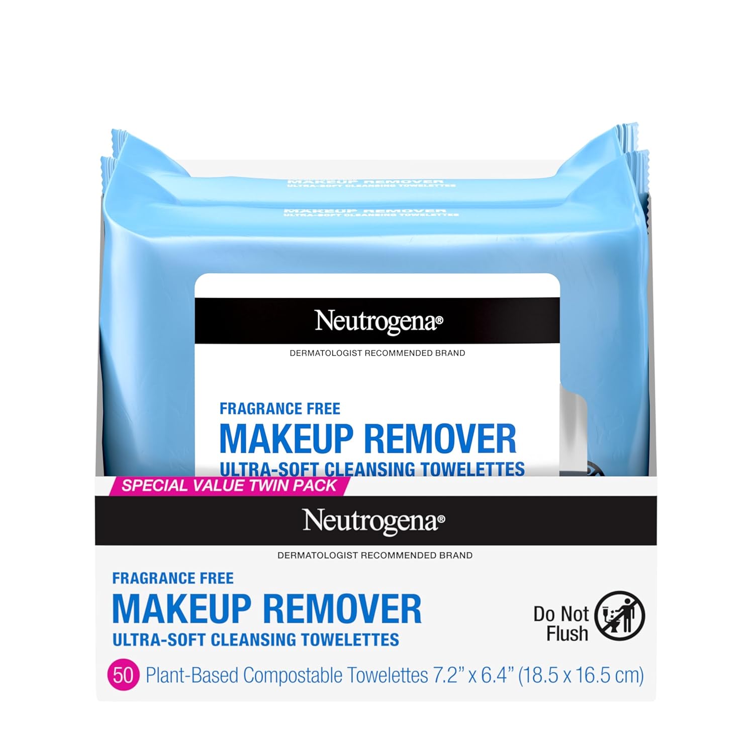 Neutrogena Cleansing Fragrance Free Makeup Remover Face Wipes, Cleansing Facial Towelettes For Waterproof Makeup, Alcohol-Free, Unscented, 100% Plant-Based Fibers, Twin Pack, 2 X 25 Ct