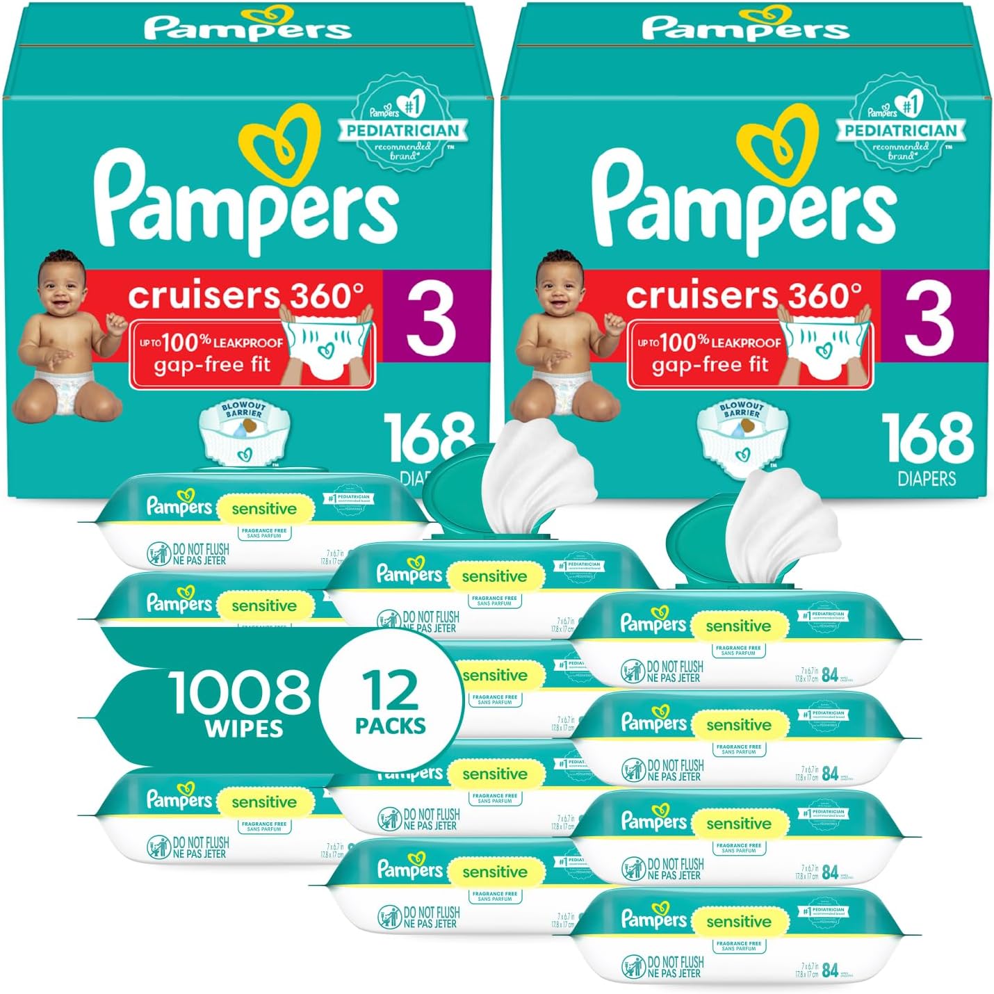 Pampers Pull On Cruisers 360° Fit Disposable Baby Diapers Size 3, 2 Months Supply (2 X 168 Count) With Sensitive Water Based Baby Wipes 12X Multi Pack Pop-Top And Refill (1008 Count)