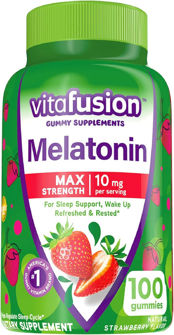 Vitafusion Max Strength Melatonin Gummy Supplements, Strawberry Flavored, 10 mg Melatonin Sleep Supplements, America?s Number 1 Gummy Vitamin Brand, 50 Day Supply, 100 Count