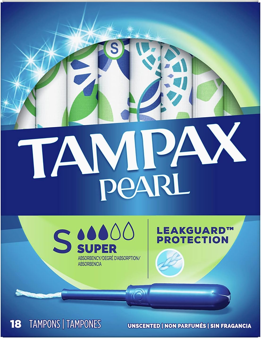 Tampax Pearl Plastic, Super Absorbency, Unscented Tampons, Multicolor, 18 Count