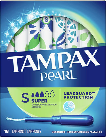 Tampax Pearl Plastic, Super Absorbency, Unscented Tampons, Multicolor, 18 Count