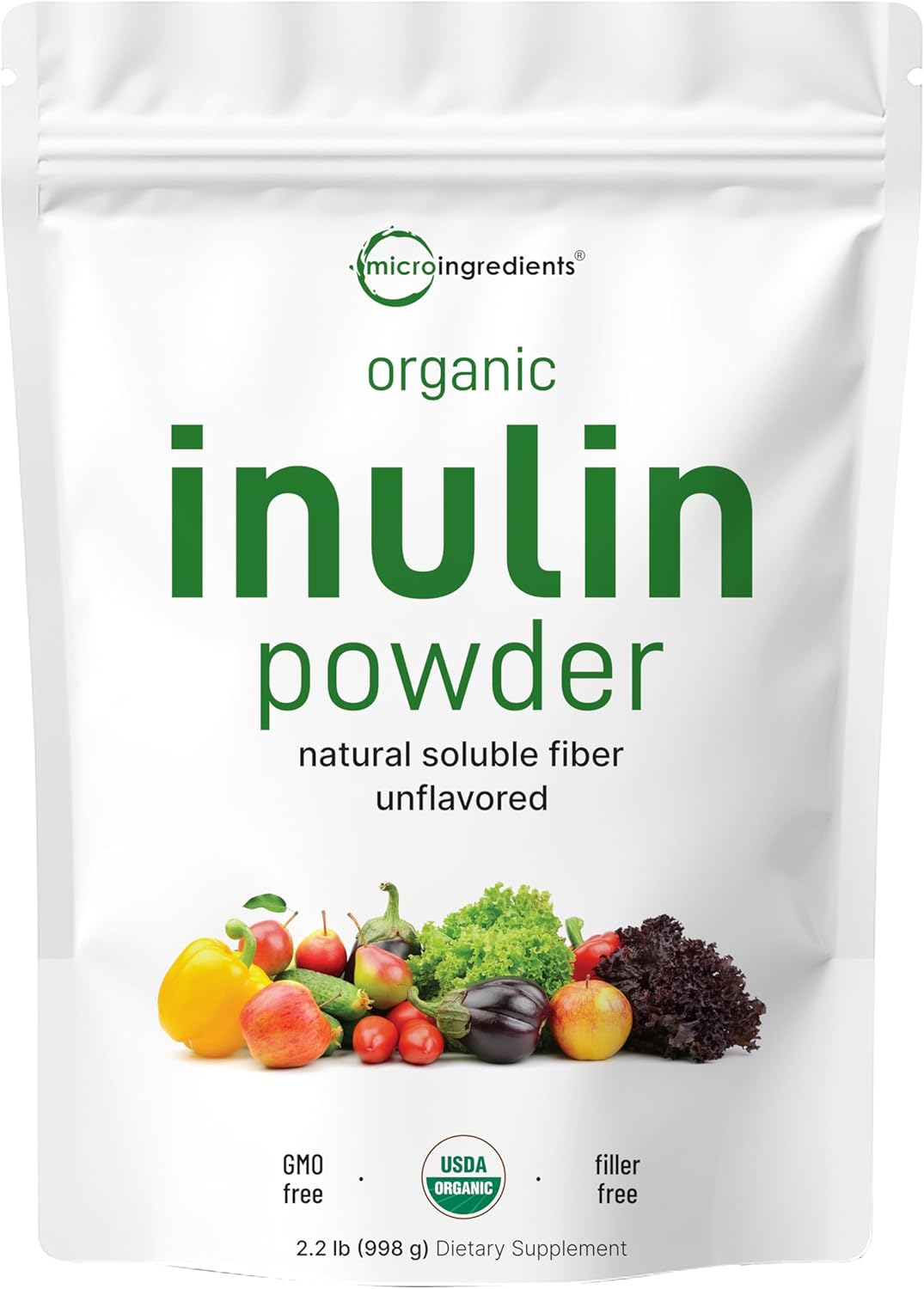Micro Ingredients Organic Inulin Fos Fiber Powder, 2.2 Lb | Quick Water-Soluble Prebiotic For Intestinal & Colon Health | Natural Fiber For Smoothies & Drinks | Vegan Friendly