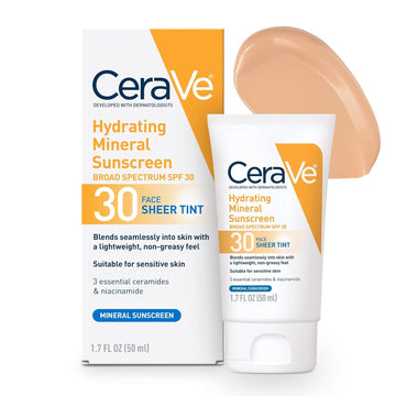 Cerave Hydrating Mineral Sunscreen Spf 30 With Sheer Tint | Tinted Mineral Sunscreen With Zinc Oxide & Titanium Dioxide | Blends Seamlessly For Healthy Glow | Medium, 1.7 Fluid Ounce