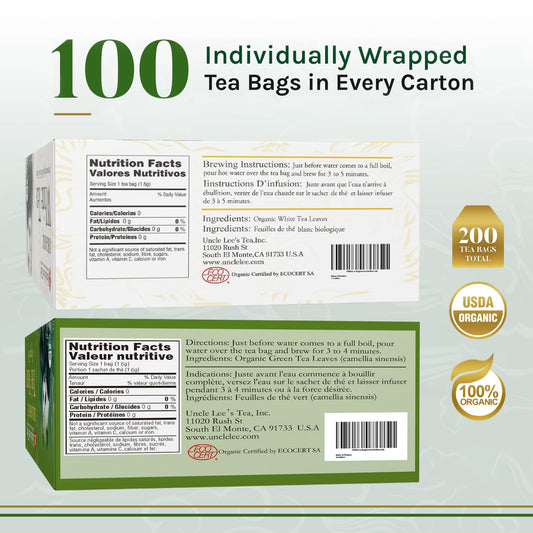 Uncle Lee’S Organic Green Tea And White Tea Bundle, Premium Antioxidant-Rich Tea For Everyday Wellness, Holiday Gifts, Caffeinated Tea, Bulk Tea Bags Individually Wrapped, 100 Count Ea (Pack Of 2)