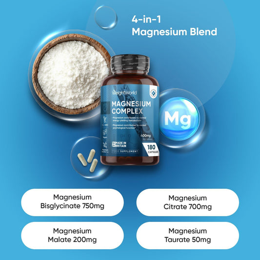 Magnesium Glycinate 4-In-1 Complex | 180 Capsules | 400Mg Elemental Magnesium Per Serving | 3 Months Supply | With Citrate, Bisglycinate, Taurate & Malate | Vegan & Non-Gmo | Made In Britain