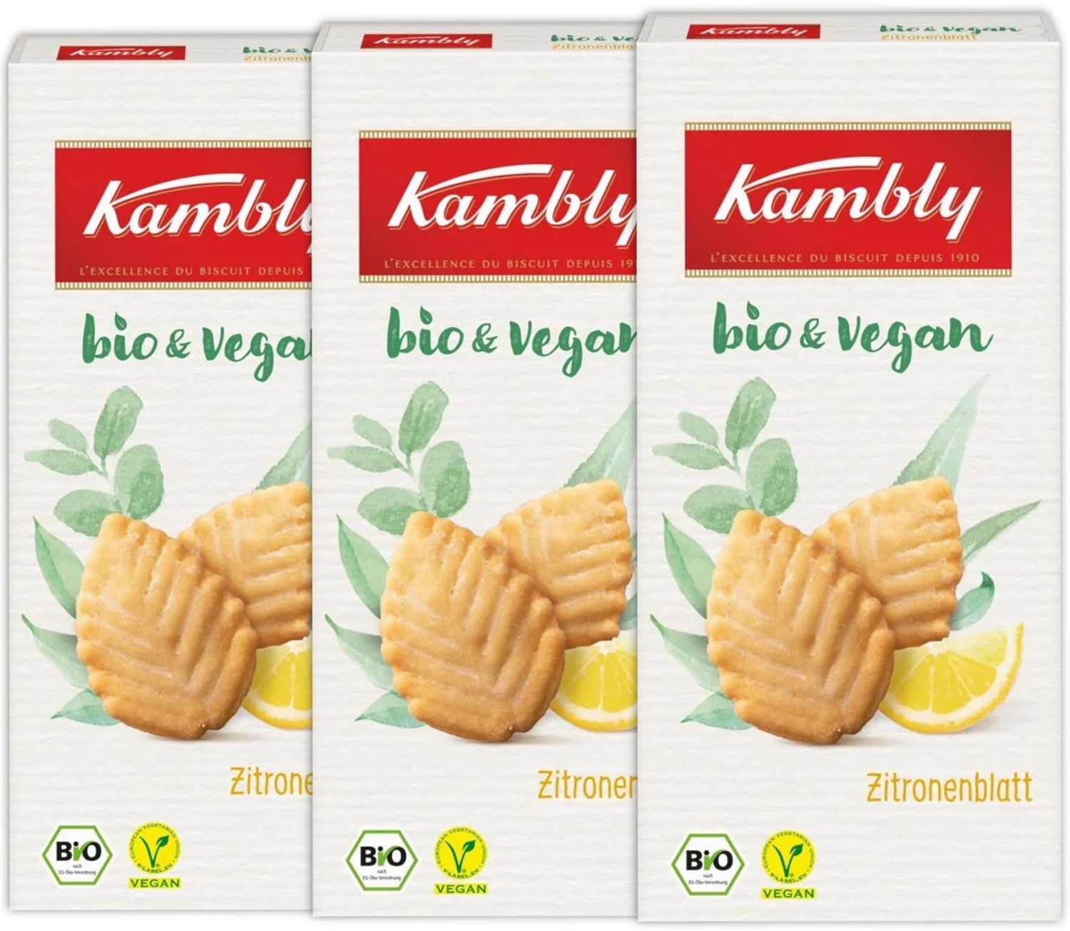 3X95G Cookies Lemon Leaf Bio & Vegan - Crispy Biscuits With Lemon Flavour - Pastry With Lemon 10.05 Oz / Kambly, Germany