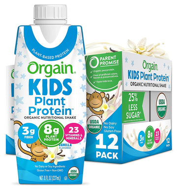 Orgain Organic Kids Nutritional Protein Shake, Vanilla, Healthy Kids Snacks, 8G Dairy Protein, 3G Fiber, 22 Vitamins & Minerals, No Soy Ingredients, Gluten Free, Non-Gmo, 8.25 Fl Oz (Pack Of 12)