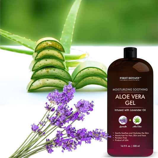 First Botany, Pure Aloe Vera Gel - With 100% Fresh & Pure Aloe Infused With Lavender Oil - Natural Raw Moisturizer For Face, Skin, Body, Hair. Perfect For Sunburn, Acne, Razor Bumps 16.9 Fl Oz