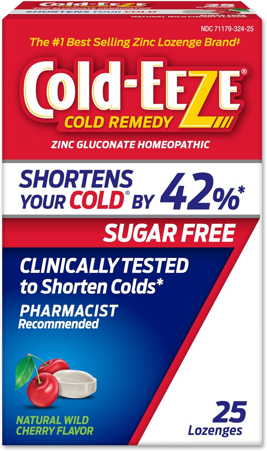 Cold-Eeze Sugar-Free, Natural Wild Cherry Zinc Lozenges, Homeopathic Cold Remedy, Shortens The Common Cold, Sore Throat, Cough, Congestion & Post Nasal Drip, 25 Ct