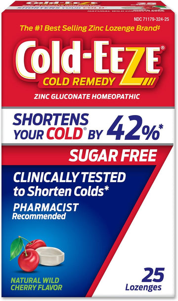 Cold-Eeze Sugar-Free, Natural Wild Cherry Zinc Lozenges, Homeopathic Cold Remedy, Shortens The Common Cold, Sore Throat, Cough, Congestion & Post Nasal Drip, 25 Ct