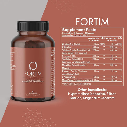 Fortim - Testosterone Support Supplement | Made By Doctors | For Vitality And Hormonal Health | With Fenugreek, L-Citrulline, Tongkat Ali | For Energy, Endurance, And Stamina | 60 Capsules