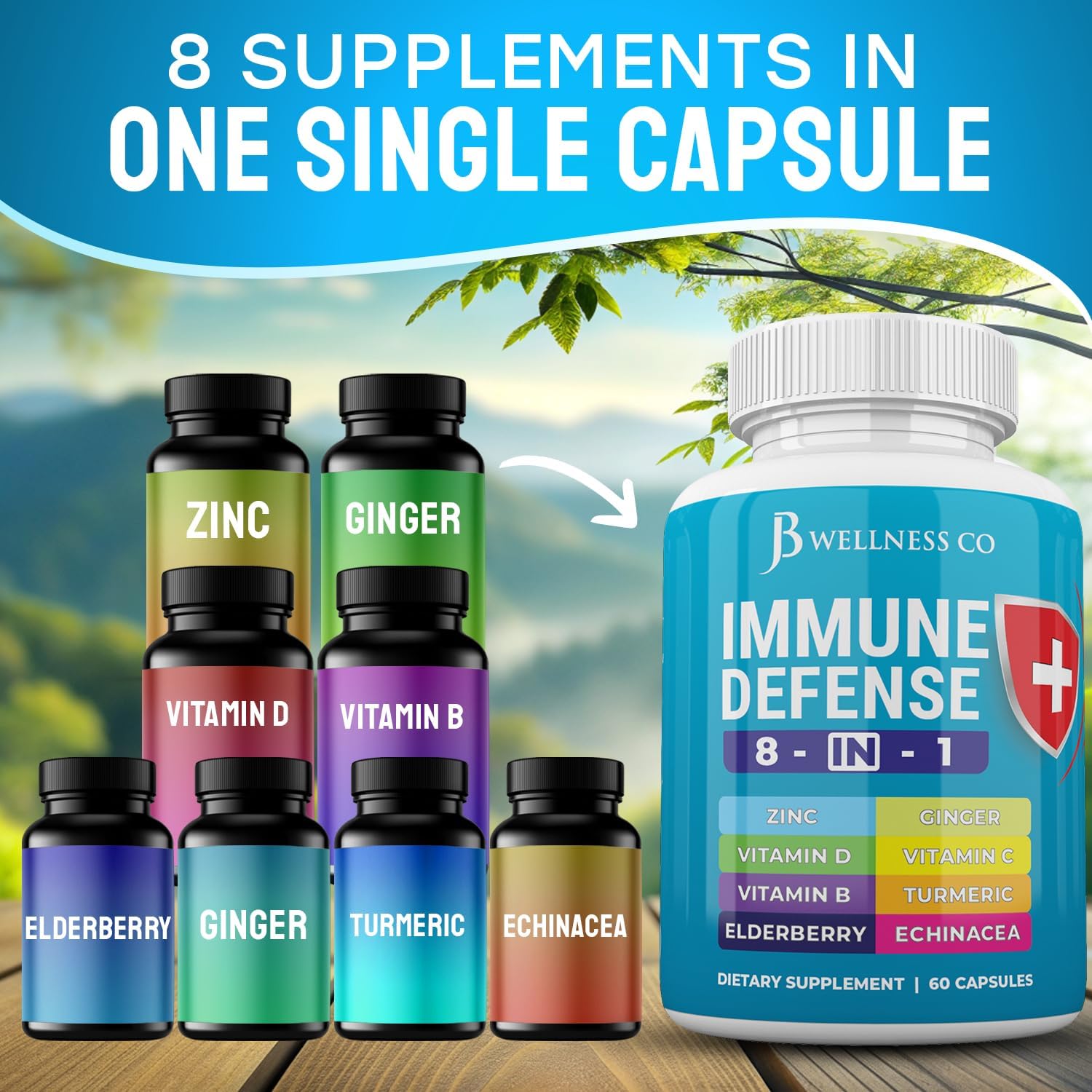 Jb Wellness Co Immune Support 8 In 1 Capsules - Zinc Supplement, Vitamin D3, Vitamin C And Elderberry - Immune Booster Supplement With Echinacea, Ginger Root, And Turmeric - [3-Pack, 180 Count] : Health & Household