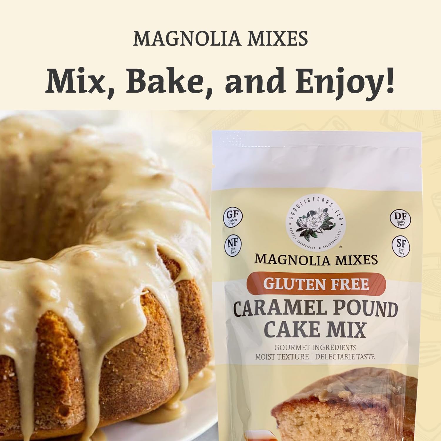 Magnolia Mixes - Caramel Pound Cake Mix - Irresistible Gluten-Free Pound Cake Mix with Rich Flavor and Texture - Easy 3-Step Baking with Premium Ingredients for Pure Bliss! - 14oz Each (2-Pack) : Grocery & Gourmet Food