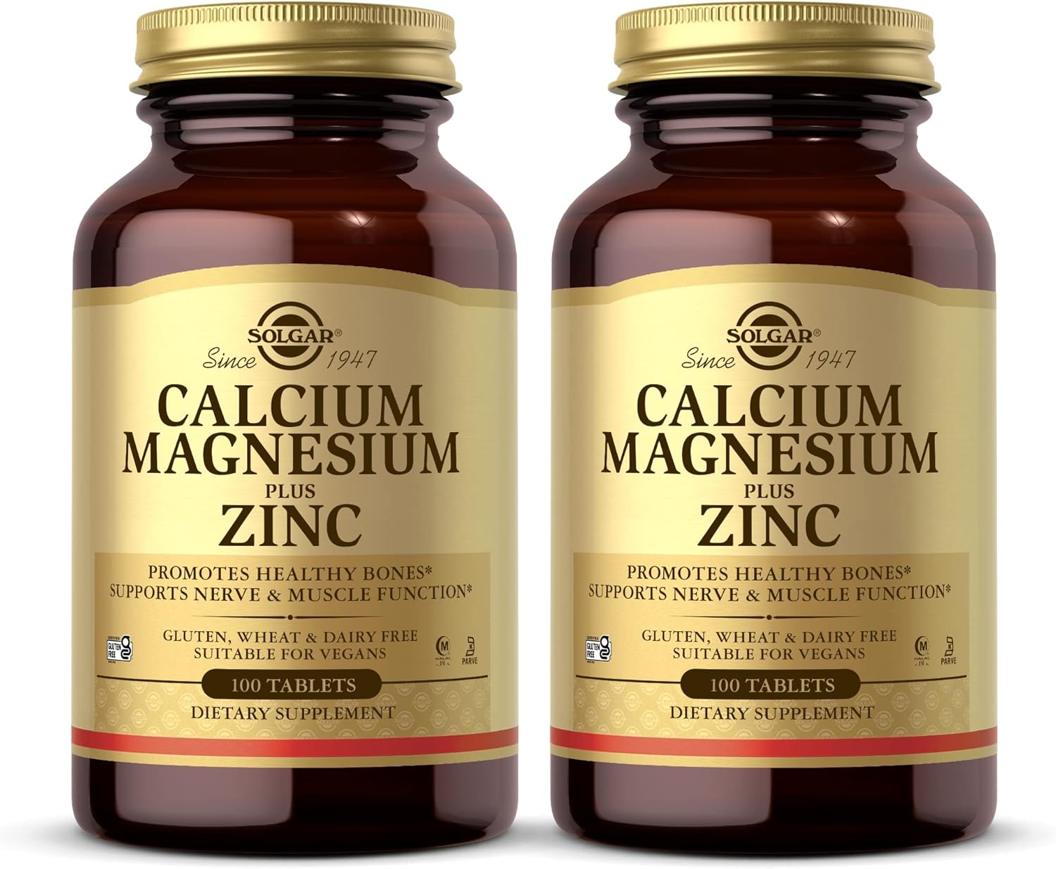 Solgar Calcium Magnesium Plus Zinc - 100 Tablets, Pack Of 2 - Promotes Healthy Bones, Supports Nerve & Muscle Function - Non-Gmo, Vegan, Gluten Free - Approx. 66 Total Servings