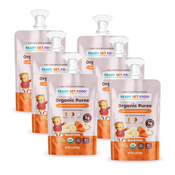Ready Set Food Organic Puree Pouch – Organic Baby Food Squeeze Pouch With Top 3 Allergens For Baby Allergen Introduction, Includes Organic Peanuts, Egg, And Milk (Apple Banana Carrot, 6 Count)