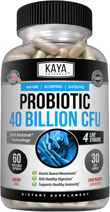 Kaya Naturals Probiotic 40 Billion Cfu | Probiotics For Women, Probiotics For Men And Adults, Natural | Gut Health & Immune Support Supplement | Provides Digestive Support | 60 Vegetable Capsules