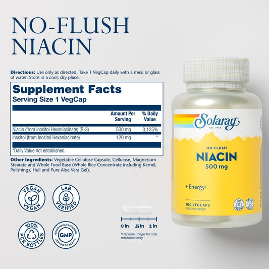 SOLARAY Title No Flush Niacin 500mg, Flush-Free Vitamin B3 Niacin, Energy and Circulatory System Support, Vegan, Lab Verified, 60-Day Money-Back Guarantee, 100 Servings, 100 VegCaps