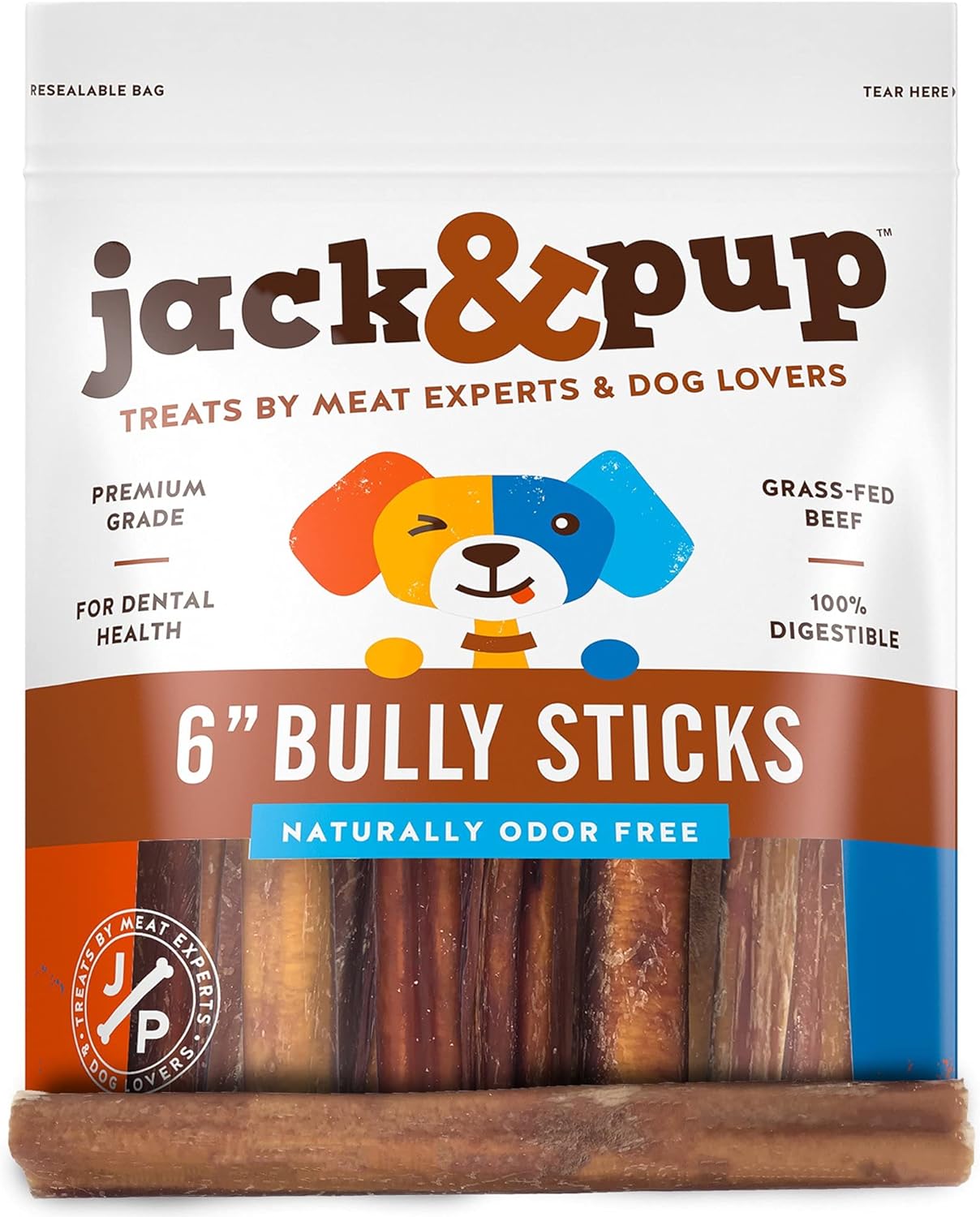 Jack&Pup 6-inch Odor Free Bully Sticks Dog Treats | Single Ingredient All Natural Dog Treat Chews | Long Lasting Bully Sticks for Medium Dogs (25 Pack)