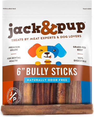 Jack&Pup 6-inch Odor Free Bully Sticks Dog Treats | Single Ingredient All Natural Dog Treat Chews | Long Lasting Bully Sticks for Medium Dogs (25 Pack)