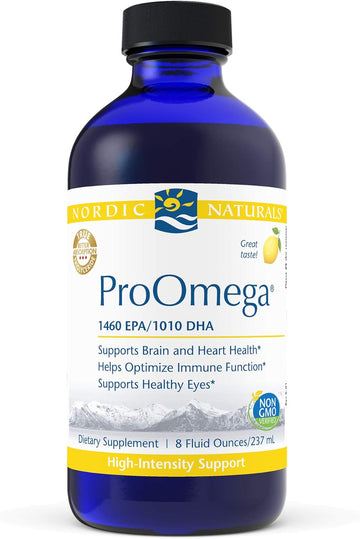 Nordic Naturals ProOmega Liquid, Lemon Flavor - 8 oz - 2840 mg Omega-3 - High Potency Fish Oil with EPA & DHA - Promotes Brain, Eye, Heart, & Immune Health - Non-GMO - 48 Servings