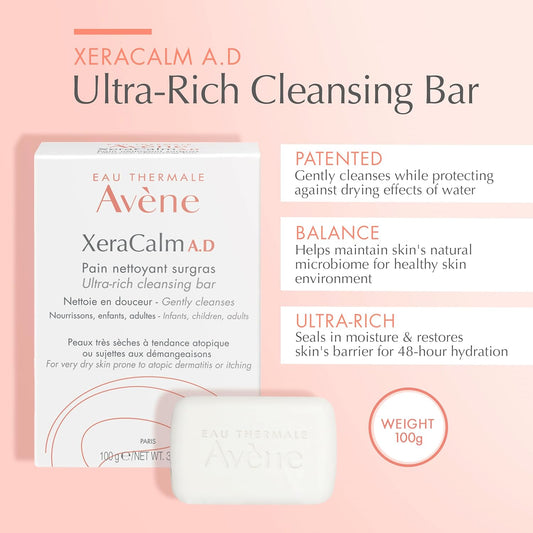 Avène Xercalm A.D Ultra-Rich Cleansing Bar For Atopic Dermatitis, Eczema Prone Skin, Fragrance-Free, 100 G
