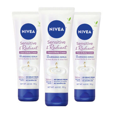 NIVEA Sensitive and Radiant Face and Body Cream, Face Cream for Dry Skin, Body Cream for Sensitive Skin, 6.8 Ounce Tube, Pack of 3