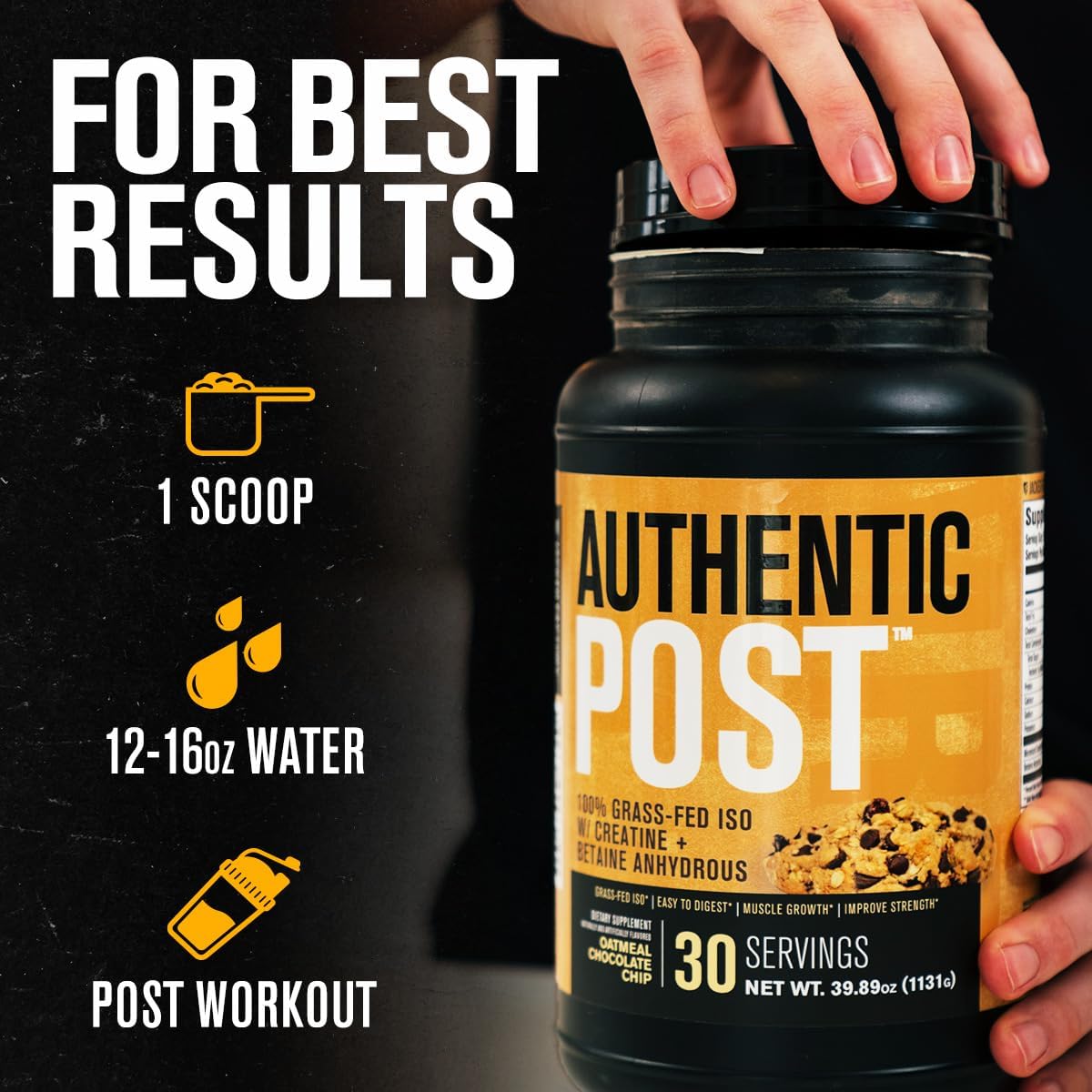 Jacked Factory Authentic Post - Grass-Fed ISO Post Workout Protein Powder with Creatine Monohydrate for Post-Workout Recovery & Enhanced Performance - 30 Servings, Oatmeal Chocolate Chip : Health & Household