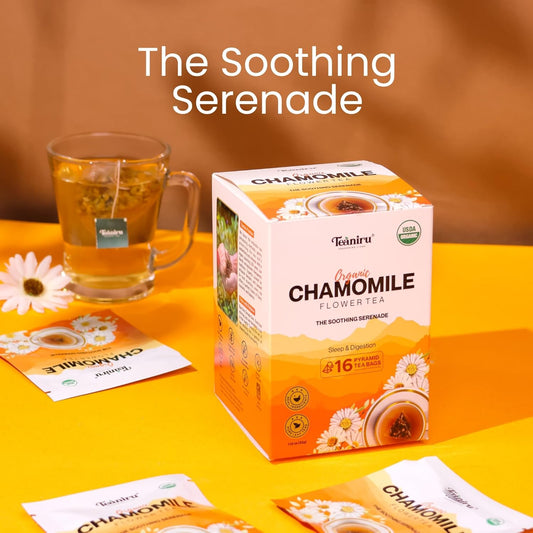 Teaniru, Pure Chamomile Flower Tea - 16 Individual Sachets | For Good Sleep & Healthy Digestion | Rich In Antioxidants & Minerals | Your Superherb Cup For Night Time | Certified By Usda Organic