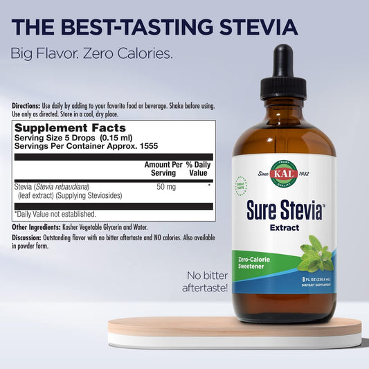 KAL Sure Stevia Extract Zero Calorie Sweetener, Low Carb, Plant Based Liq Stevia Drops, Great Taste, Zero Sugar, Low Glycemic & Perfect for a Keto Diet, 60-Day Guarantee, Approx. 1555 Servings, 8