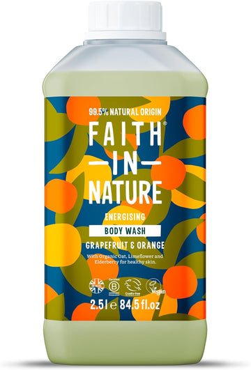 Faith In Nature Natural Grapefruit & Orange Body Wash, Energising Shower Gel, Vegan & Cruelty Free, No Sls Or Parabens, 2.5L Refill