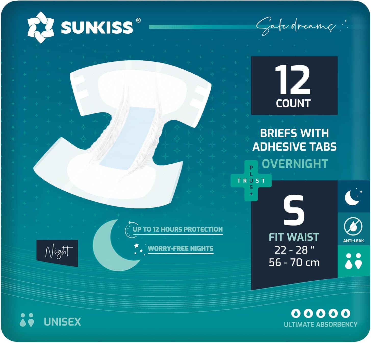 SUNKISS TrustPlus Overnight Adult Diapers with Ultimate Absorbency, Unisex Incontinence Briefs with Tabs for Men and Women, Odor Control, Small, 12 Count