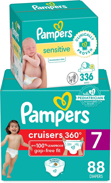 Diapers Size 7, 88 Count And Baby Wipes - Pampers Pull On Cruisers 360° Fit Baby Diapers With Stretchy Waistband, One Month Supply With Sensitive Wipes, 6X Pop-Tops, 336 Count (Packaging May Vary)