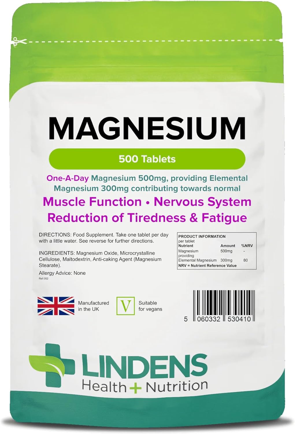 Lindens Magnesium 500mg, 500 Tablets - Reduces Tiredness & Fatigue, Supports Muscle & Nervous System Function - Bones & Teeth Health - UK Made, Vegan, GMP & Letterbox Friendly