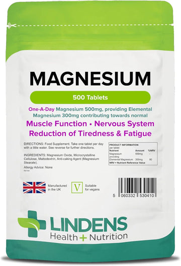 Lindens Magnesium 500mg, 500 Tablets - Reduces Tiredness & Fatigue, Supports Muscle & Nervous System Function - Bones & Teeth Health - UK Made, Vegan, GMP & Letterbox Friendly