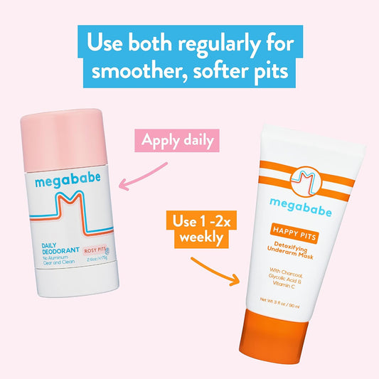 Megababe Underarm 2-Piece Bundle - Rosy Pits Daily Deodorant 2.6 Oz & Happy Pits Underarm Mask 3 Fl Oz | Odor Protection, Aluminum Free