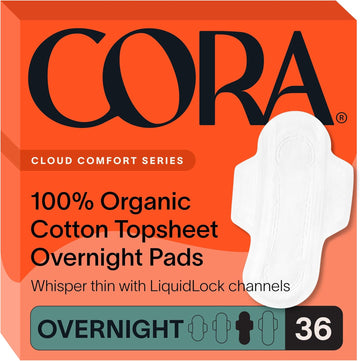 Cora 100% Organic Cotton Topsheet Pads | Ultra Thin Period Pads With Wings | Overnight Absorbency | Ultra-Absorbent Sanitary Pads For Women (36 Count)