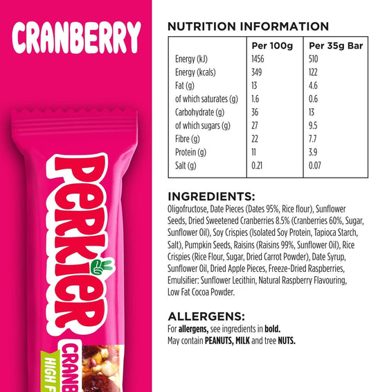 Perkier Cranberry, 18 Bars, Vegan, Gluten Free, Protein, High Fibre, Lower Sugar Snack, Natural Ingredients, Lower Calorie, Healthy, No Palm Oil, Carbon Neutral, Recyclable Packaging