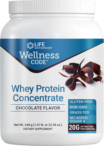Life Extension Wellness Code Whey Protein Concentrate Chocolate - Protein Shake Mix Powder Fitnests Supplement - For Muscle Growth Support - Gluten-Free, Non-Gmo, Sugar-Free - 640 Grams (20 Servings)