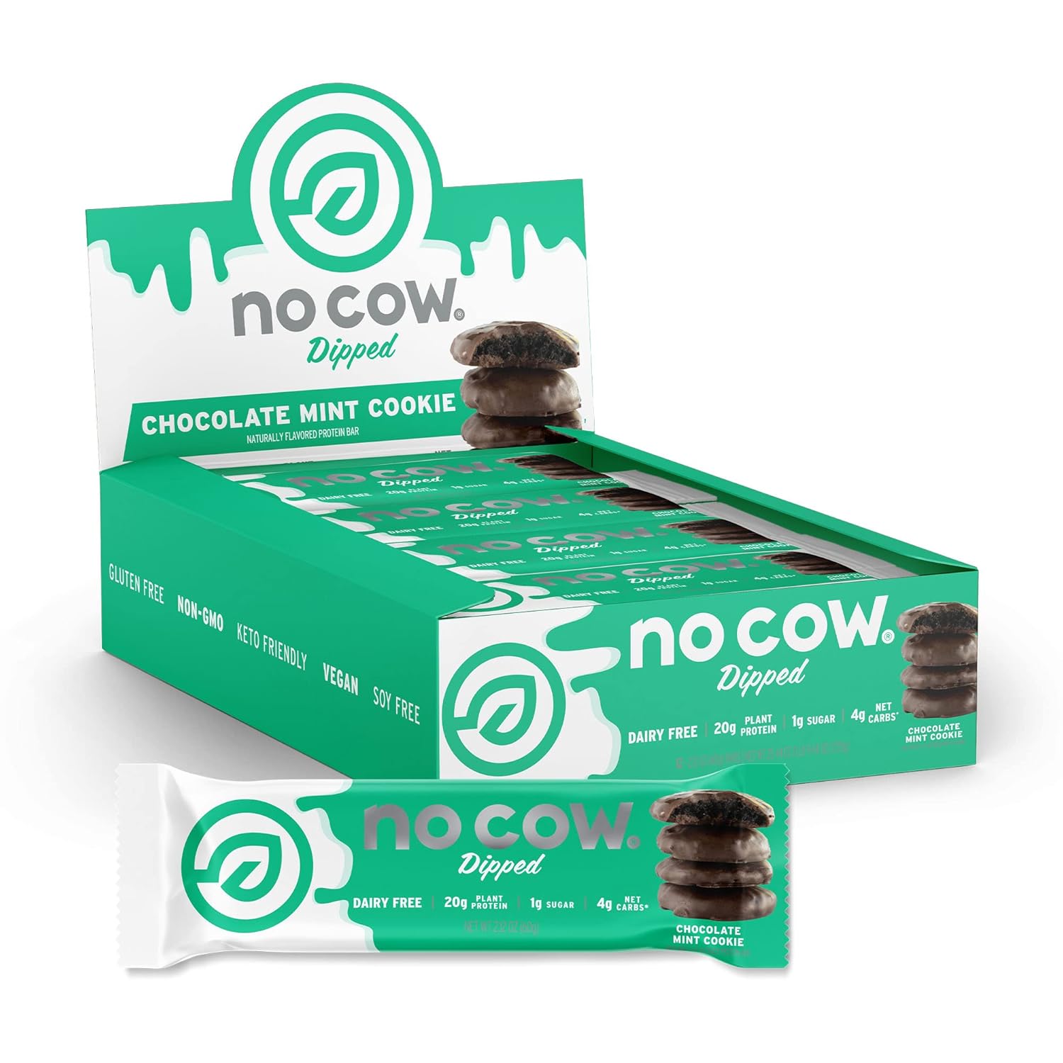 No Cow High Protein Bars, Chocolate Mint Cookie - Healthy Snacks, 20G Vegan Protein, High Fiber, Low Sugar, Keto Friendly, Dairy & Gluten Free (12 Count)