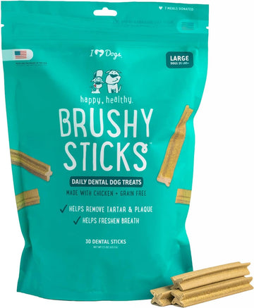 Iheartdogs Brushy Sticks - Dental Treats For Dogs Removes Plaque And Tartar Buildup - Grain-Free Dog Teeth Cleaning Chews Made With Chicken - 30 Large Sticks