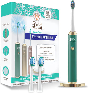 Gurunanda Steel Sonic Toothbrush - Rechargeable, 5 Modes, 2 Min Smart Timer & Replacement Brush Heads - Teal