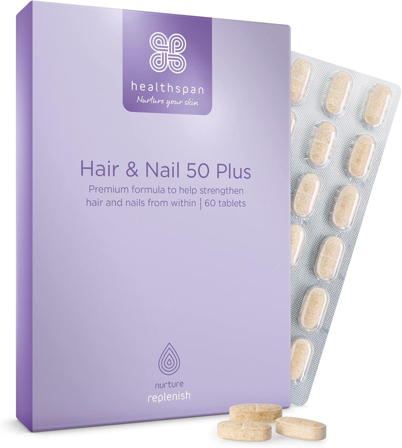 Healthspan Hair & Nails 50 Plus | Formulated for peri- and Post- menopausal Women | Promotes Strong Hair & Healthy Nails | with Soy isoflavones, Biotin, Selenium & Zinc | Vegan (60 Tablets)