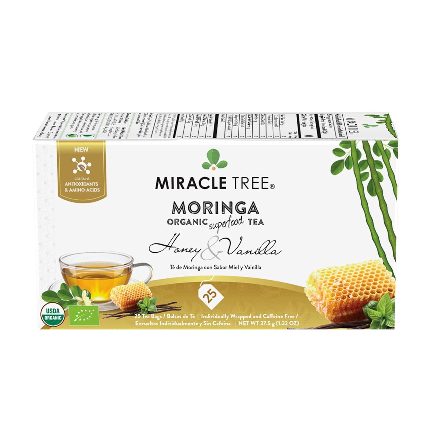 Miracle Tree - Organic Moringa Superfood Tea, 25 Individually Sealed Tea Bags, Honey & Vanilla (Keto, Detox, Energy/Immunity Booster, Vegan, Gluten-Free, Organic, Non-GMO, Caffeine-Free)